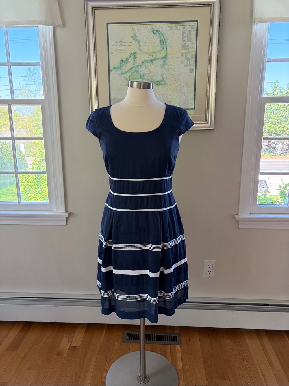 Ann Taylor Navy Blue Dress with White Trim